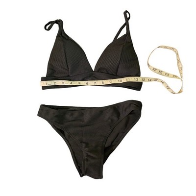 Women's Black Ribbed Bikini Set Size M Triangle Top High Cut Bottom Swimwear