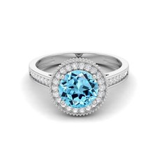 7MM Round Swiss Blue Topaz 925 Sterling Silver Solitaire With Accents Women Ring