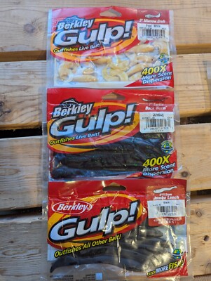 3 - BERKLEY GULP!  5'' Jumbo Leech/ 7'' Turtle Back Worm/3''Minnow Grub New