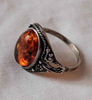 Bague Vintage Ambre Argent 925 Taille 57 - Bijou Ancien Poinçonné, Style Rétro