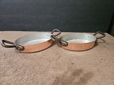 BAUMALU COPPER TIN LINED OVAL AU GRATIN PAN MADE IN FRANCE 6 3/8'' SET OF 2 RARE
