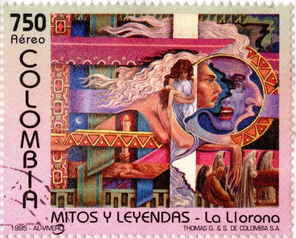 COLOMBIA 1997 PORTADA ENVIADA A AMMAN, JORDAN BLOQUE DE 4 SELLOS DE MITOS Y LEYENDAS USADOS Foto 3 de 4