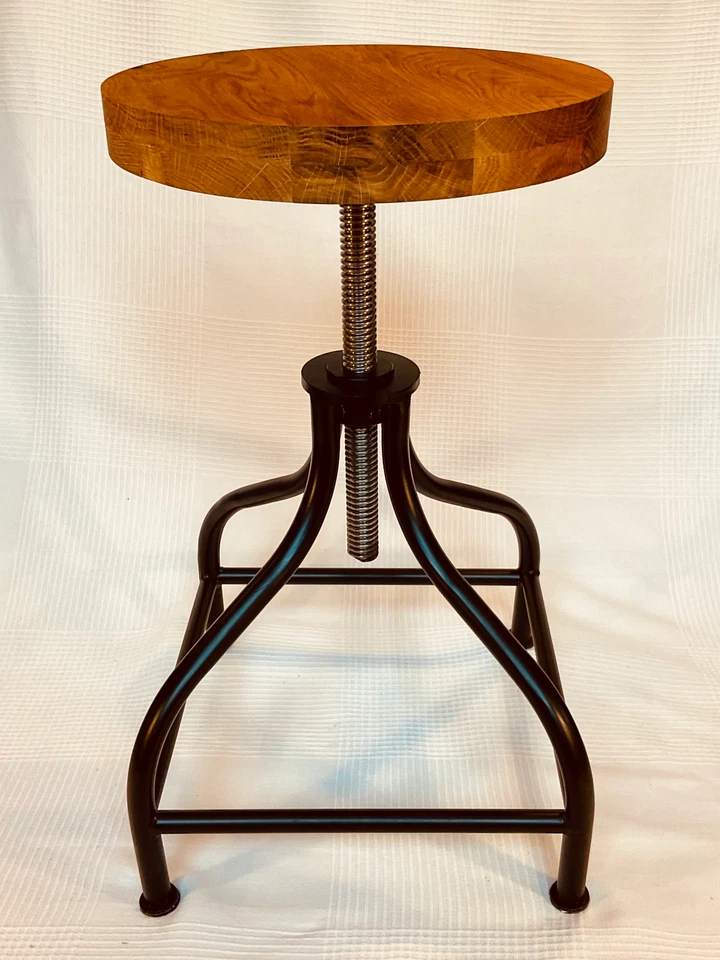 Bar stool, handmade, black painted steel, oak seat, adjustable height - Image 2 of 4