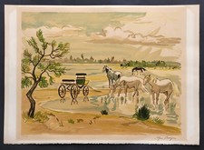 RARE LITHOGRAPHIE CHEVAUX EN CAMARGUE signée YVES BRAYER numérotée HC 4/20
