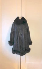 MANSARI BLACK SHEARLING SWING COAT WITH FOX COLLAR AND TRIM.  GORGEOUS!!  L