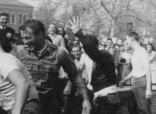 1940s Wet Clothes Men Crowd Smiling Friends Fun Pose Campus Fountain