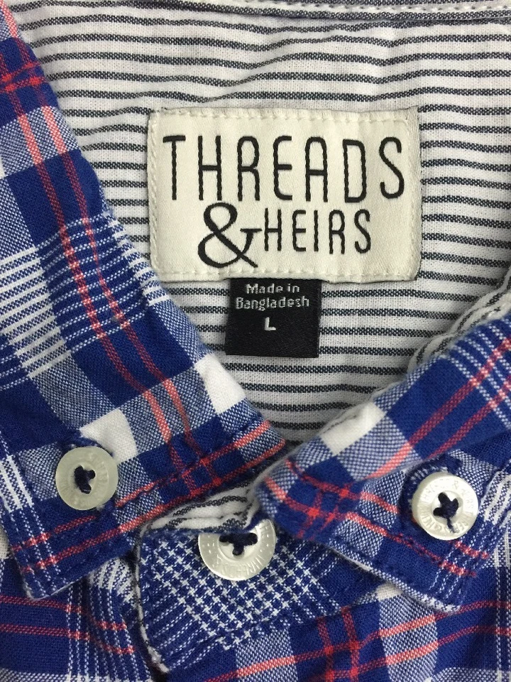 THREADS & HEIRS Mens 100% Cotton Button Front Short Sleeve Shirt Blue Plaid L S2 - Image 2 of 4