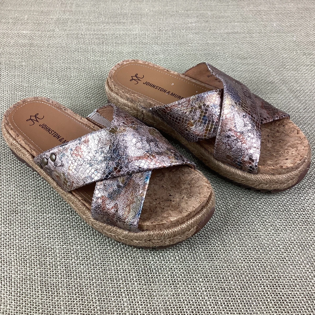 Sandales Slides Johnston & Murphy Lenore Silver Suède Taille 6 - Neuf Avec Boîte