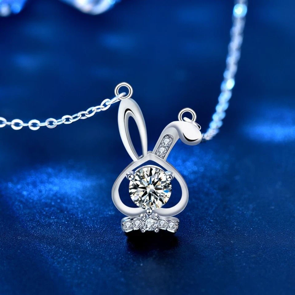 Carino Moissanite CZ Bunny Ear Rabbit 925 Collana in argento sterling,... - Immagine 2 di 4