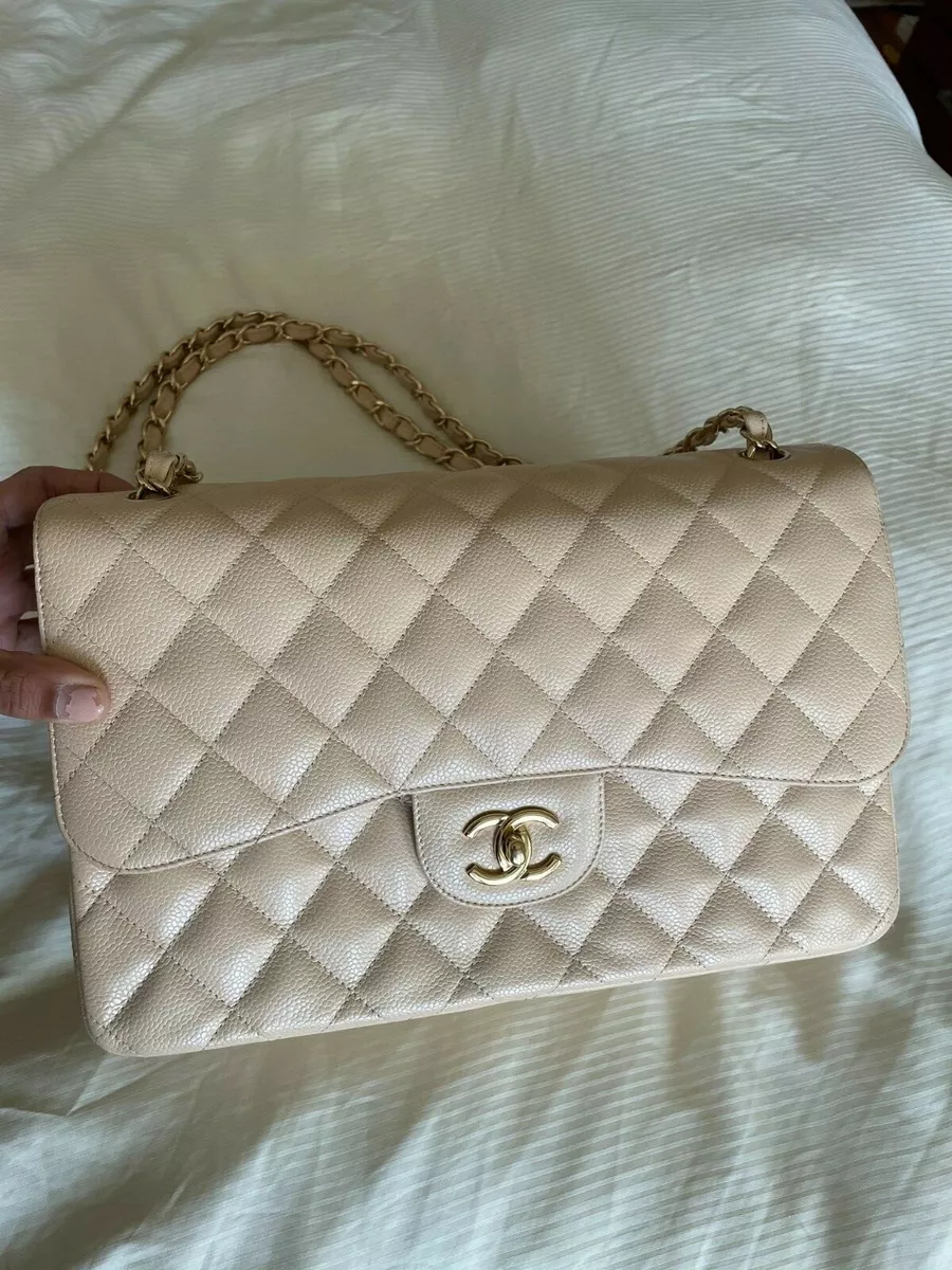 Chanel Grained Calfskin & Gold-tone Metal Large Classic Handbag - Beige