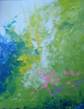 Original hand-painted  "Trail of Pink" 20"Hx16"W canvas panel by Steve  G. Graff