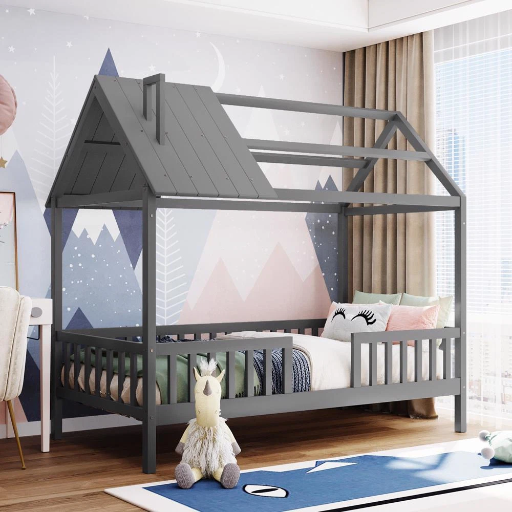 Twin Size House Bed with Legs and Fence shaped Guardrail for Kids