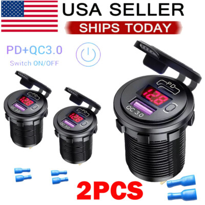 2x Red 12V QC3.0 Dual USB Car Fast Charger Sockets LED Voltmeter Waterproof US