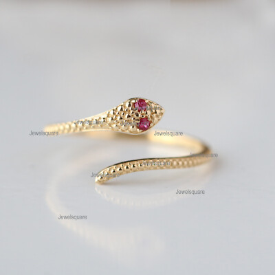 Natural Ruby Beaded Snake Wrap Cuff Open Band Ring in Solid 14k Yellow Gold