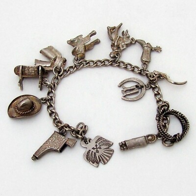 Western Theme 12 Piece Charm Bracelet Sterling Silver UK