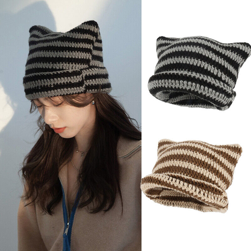 Cute Soft Beanie Hat Little Devil Striped Knitted Wool Cap Cat Ears Pointed