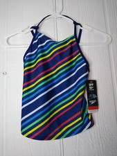 SPEEDO Girls Size 7 Swimsuit Tankini Top Colorful Stripe Blue Harmony NEW