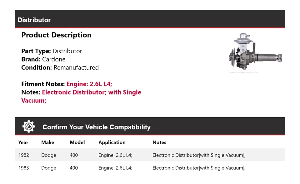 Para Dodge 400 1982-1983 2,6 L L4 Distribuidor Cardone Foto 2 de 4