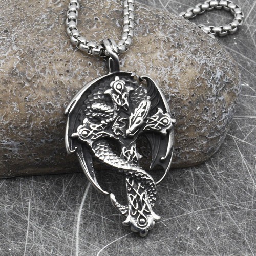 Collar Colgante Cruz Dragón Celta de Acero Inoxidable 316L Guardián Amuleto Plata - Imagen 3 de 10