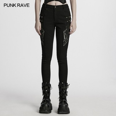 Punk Rave Women Black Gothic Cyber punk Studded Patch Leggings Tight Trousers