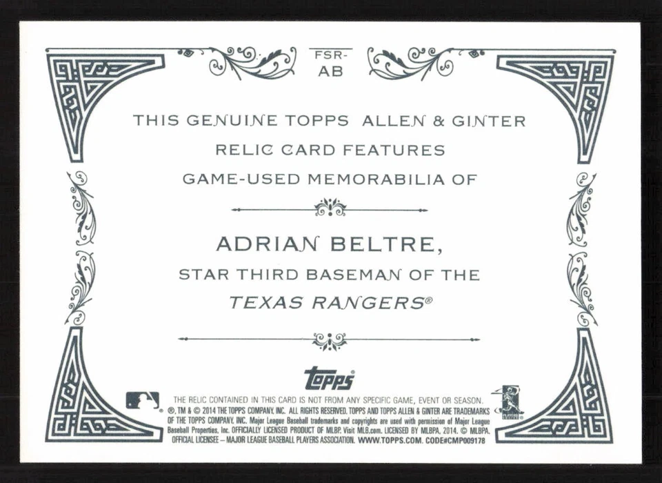 2014 Topps Allen & Ginter Adrian Beltre Relics MEM #FSR-AB Card - Image 2 of 2