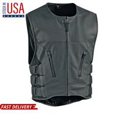 Men's Motorcycle Club Leather Vest Concealed Carry Arms Solid Back MC Biker