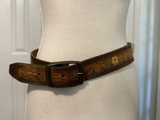 Vintage 70s Hand Tooled Leather Belt Painted Floral Flowers Boho Hippie Brown