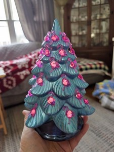 Ceramic Light Up Christmas Tree~Handmade~Teal With Pink Flamingos~FREE SHIPPING 