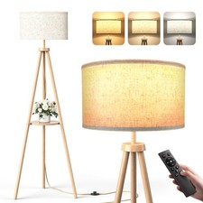 Image of Tripod Floor Lamp with Storage Shelves 12W Solid Wooden Standing Lamp with E27