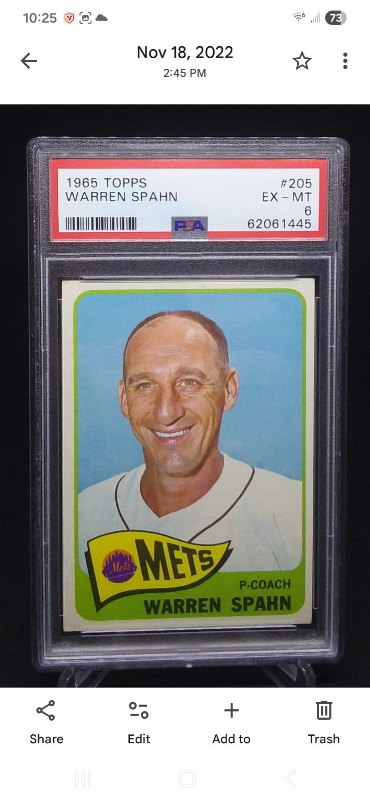 1965 Topps #205 Warren Spahn Mets PSA 6 EX-MT HOF