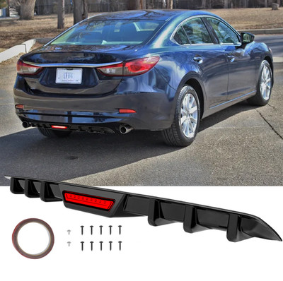 For Mazda 6 Sedan Glossy Black Rear Bumper Diffuser Splitter w/ LED Brake Light