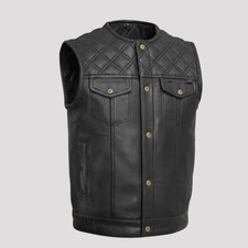 Men  s Leather Motorcycle Vest Concealed Carry Diamond Stitch Armor Black