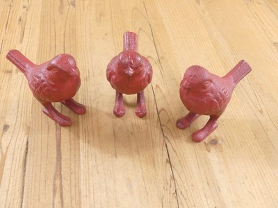 3 Cast Iron Cardinal Bird Statues Figurine Art Soft Red Color Sculpture Garden