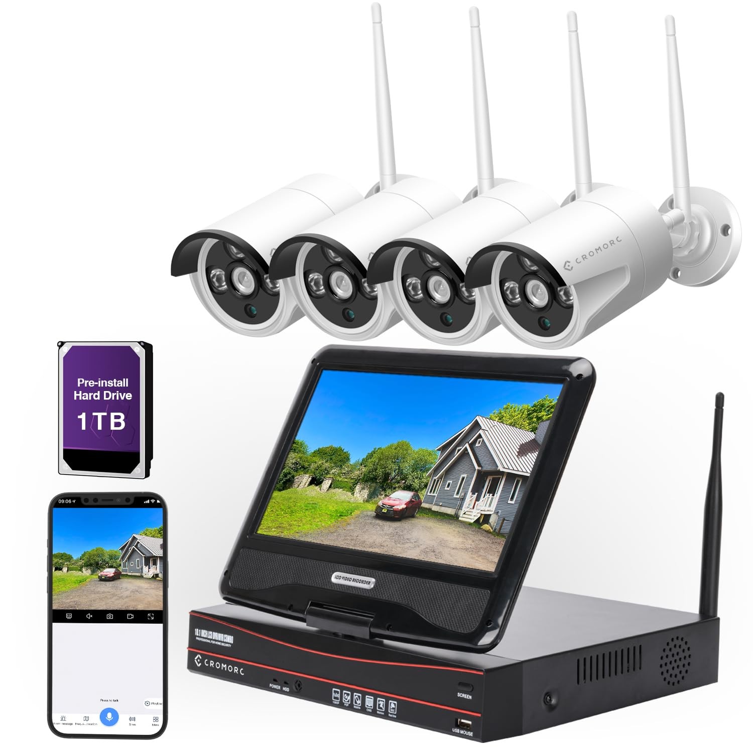 Cromorc 10CH Expandable Wireless Security Camera System with 10.1" Monitor 4p...