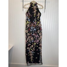 NWT Lulus Infinite Praise Black 3D Floral Embroidered Halter Maxi Dress Size L