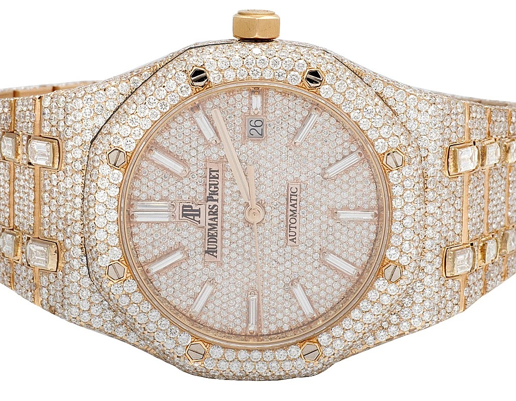 Audemars Piguet — Mens Audemars Piguet 18K Rose Gold Royal Oak 41MM Full VS Diamond Watch 34.75 Ct