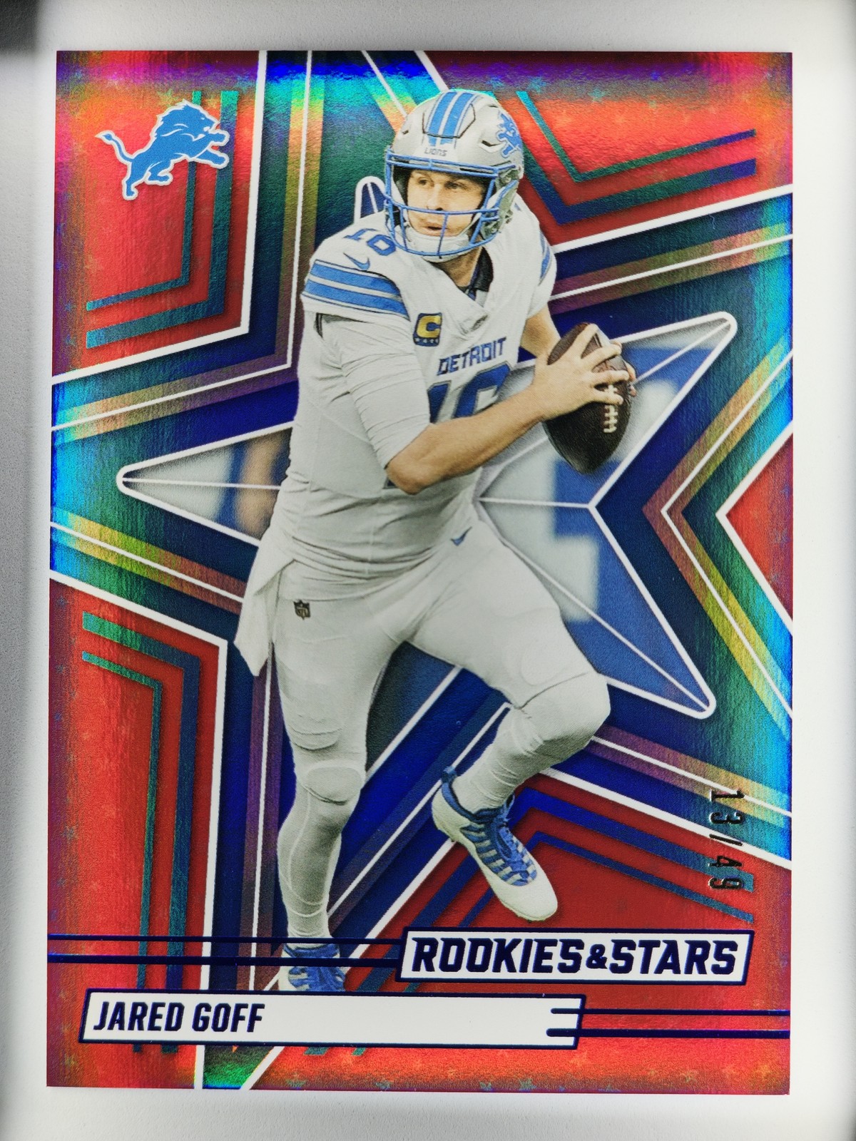 Jared Goff 2025 Panini Rookies & Stars /49 Red and Blue #67 Lions SSP