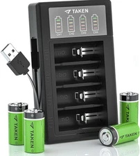 Taken 4 Pack CR123A Lithium Battery 3.7V Batteries [CAN BE RECHARGED] and LED Ch
