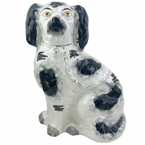 Antique English Staffordshire Spaniel Dog Figurine Hand Painted Black White 10”