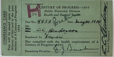 1934 Chicago Century of Progress: Health & Hospital Compliance Card