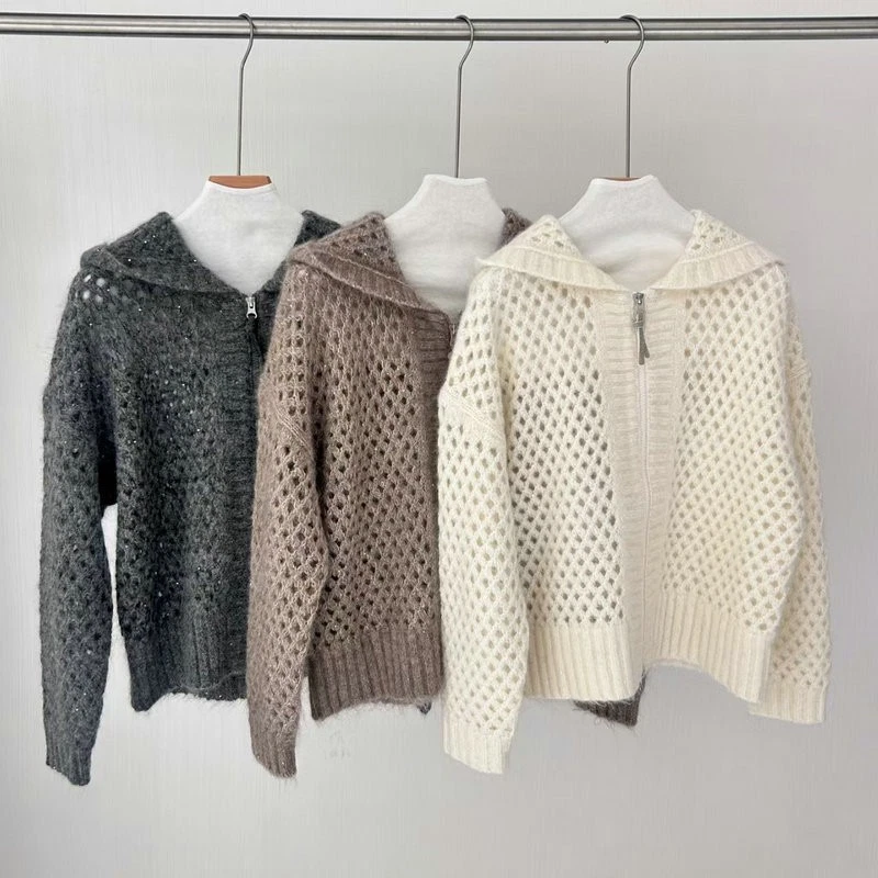 Brunello Cucinelli женщин новый с капюшоном блестками кашемир полый вязаный кардиган - Изображение 4 из 4