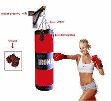 Heavy Duty Wall Mount Boxing Bag Punching Bag w Chains Bracket & Gloves SET NEW 