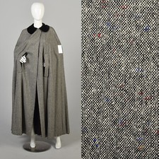 OSFM 1970s Gray Full Length Maxi Cape Flecked Wool Tweed Cloak Velvet Collar