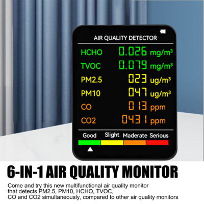 6 in 1 Air Quality Monitor PM CO2 Meter Carbon Dioxide Level TVOC HCHO Detector