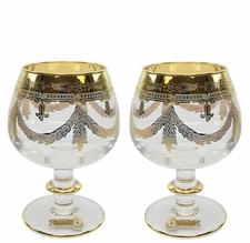 Interglass Italy "Cognac" 2-pc Luxury Crystal Glasses, Vintage Design, 24K Gold