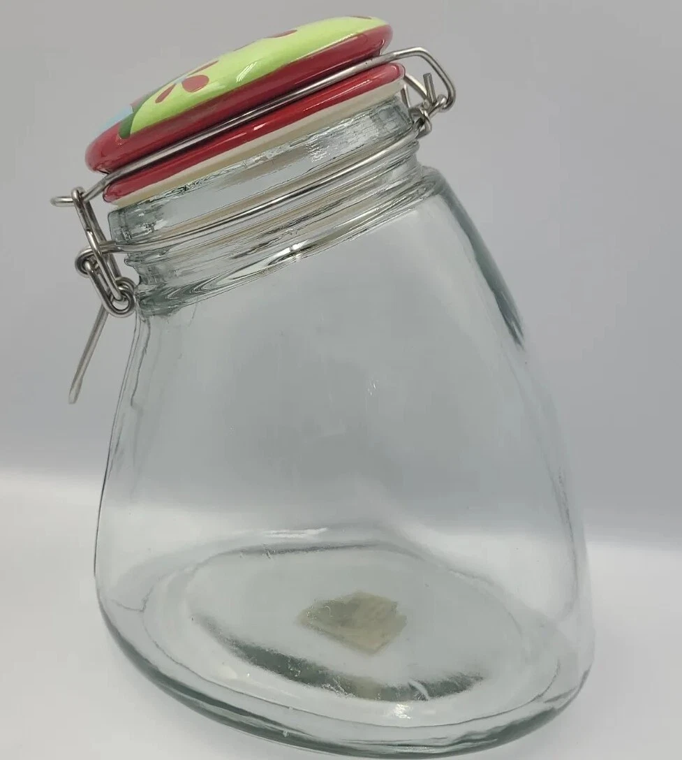 AMICL Glass Canister/Jar Clear Leaning W/Red Blue and Green Lid 8" Tall