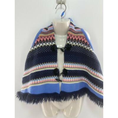 ''LITTLE LASS'' MULTICOLOR STRIPED FRINGE HEM GIRLS PONCHO CAPE SIZE: 4T