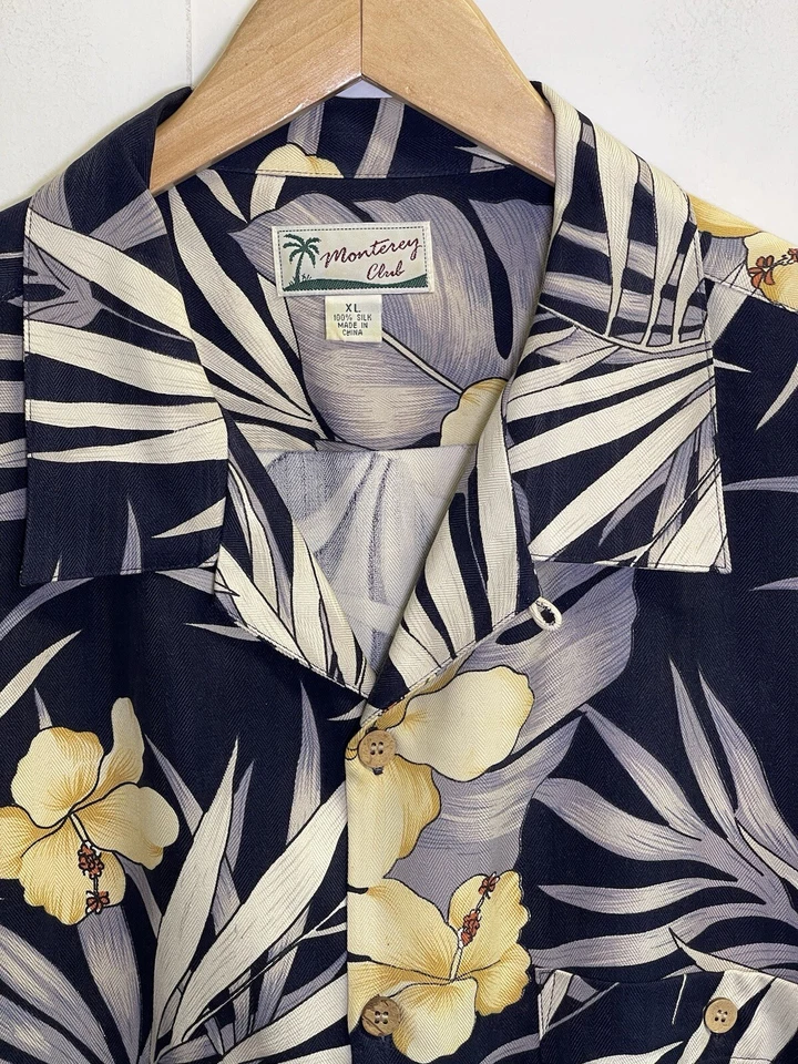 Camisa de campamento hawaiana Monterey Club para hombre XL azul manga corta seda hibisco Foto 2 de 4