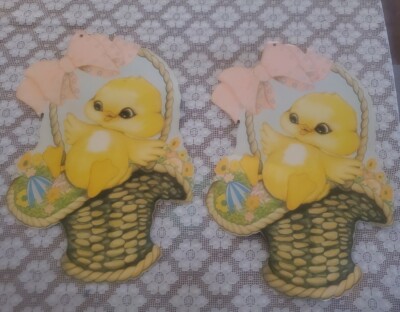Two 1977 The Beistle Happy Easter Die Cut Baby Chick Easter Eggs in Basket Decor