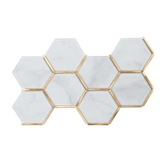 White Calacatta Crystal Glass Gold Inlay Hexagon Mosaic Tile Kitchen Backsplash